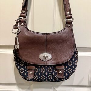 VTG Fossil Maddox Leather Flap Saddle Crossbody Bag Signature Geometric Pattern